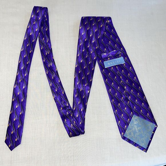 Belisi Men’s Dress Tie Size 57” Purple Wave Pattern Silk Business Formal Party - Picture 9 of 12